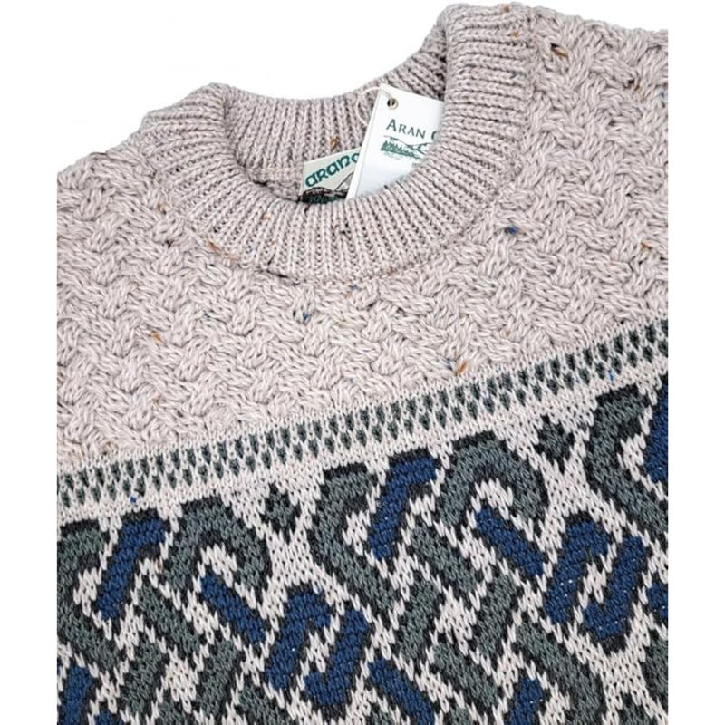 Irish Aran Jacquard Crew Neck Sweater Oatmeal